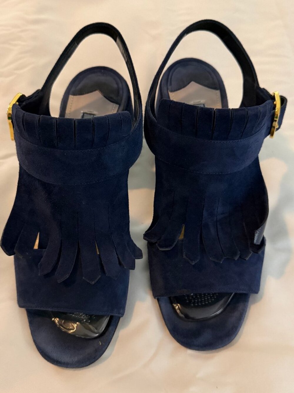 Prada Size 38 Navy Suede Chunky Heel Sandals